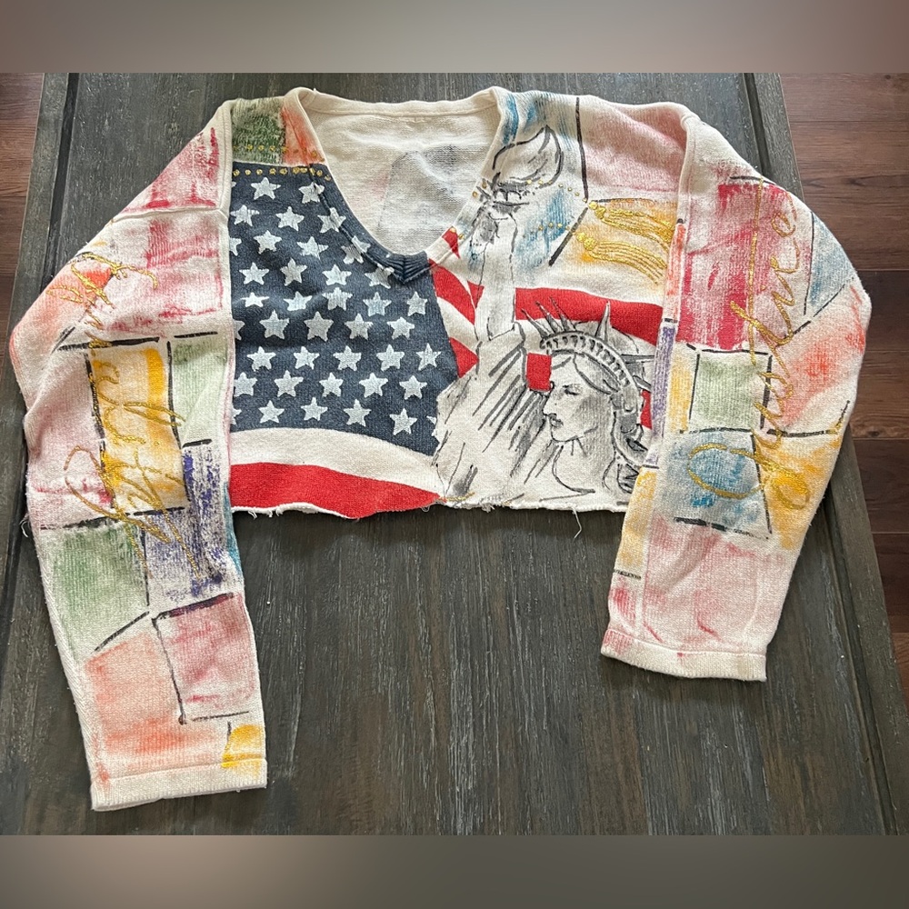 One of a kind hand painted Colorful Cropped Sweater with American Flag Design